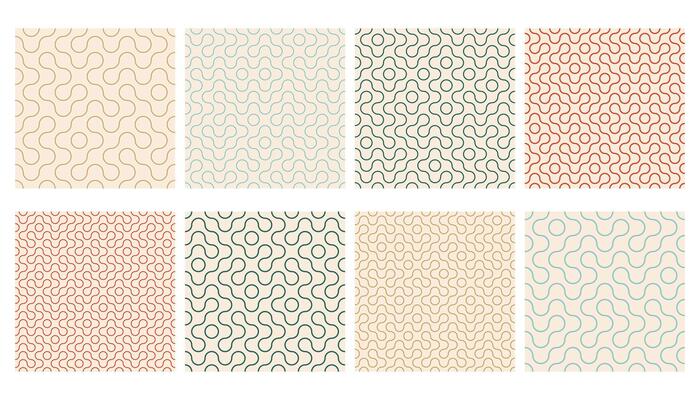 Truchet thin line round shapes seamless pattern collection. Modern style outline geometric mosaic patterns with rounded lines. Contemporary tilt infinity mosaic background set.