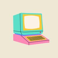 Vintage computer illustration in flat line style. Hand drawn graphic old technology element. vector