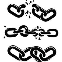 Three black chain link illustrations showing different stages of breaking. vector