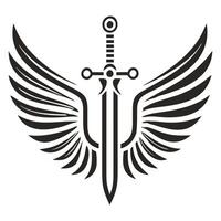 Stylized black and white illustration of a sword with wings. vector