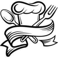 Chef hat with crossed spoon and fork, blank banner for text. vector