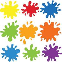 Nine vibrant color paint splatters, isolated on white background, perfect for design elements. vector