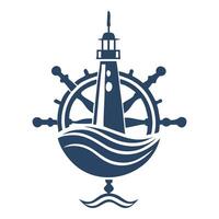 Lighthouse icon with ship's wheel and waves nautical emblem design. vector