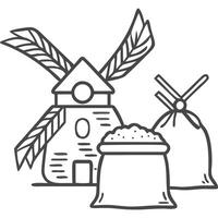 Hand-drawn illustration of a windmill and sacks of grain, representing flour milling. vector