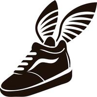 Fast sneaker with wings, black silhouette, speed, athletic, design element. vector