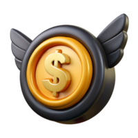 A 3D rendering of a stylized gold dollar coin with orange wings, set against a pure transparent background. png