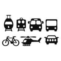 Simple black silhouettes of various transportation methods train, bus, car, bicycle, and helicopter. vector