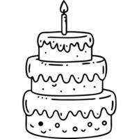 Three-layered birthday cake with a candle, hand-drawn in black and white. vector