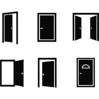 Six simple black door icons open, closed, and double doors in various positions. vector