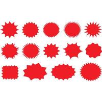 Collection of twelve red starburst shapes, perfect for design elements or sale labels. vector