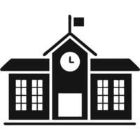 Simple black silhouette of a school building with a clock tower and flag. vector
