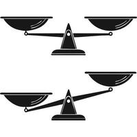 Two simple black and white illustrations of scales of justice, balanced and unbalanced. vector