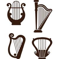 Collection of four different lyre and harp silhouettes, musical instruments. vector