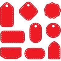 Set of eight red stitched tags in various shapes, perfect for branding or design projects. vector