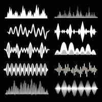Collection of various sound wave forms, audio frequency visualizations, and waveform patterns. vector