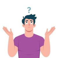 A perplexed man with a question mark above his head shrugs vector