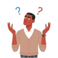 Baffled Man Pondering between blue and red thoughts searching for answers, cartoon illustration vector