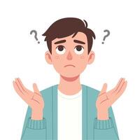 Baffled youth eyes up palms up and question marks hover, cartoon illustration vector