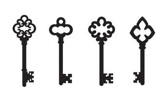 Decorative antique key set element silhouette bundle vintage lock access symbols classic security shapes for elegant retro style design collection vector