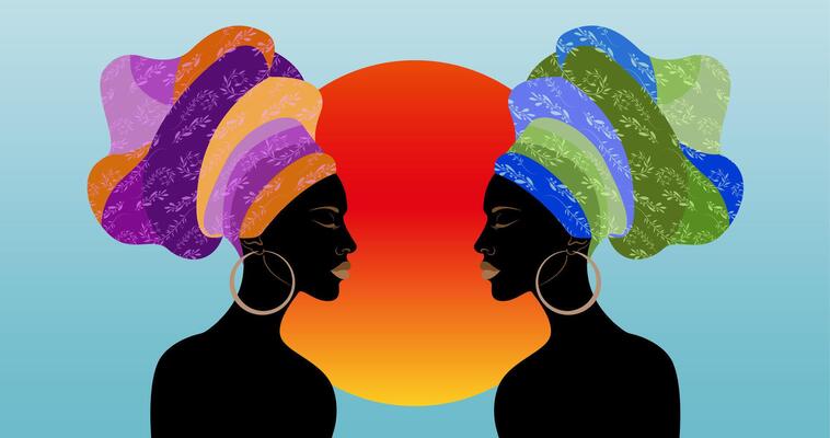 African women banner design, black woman portrait wearing turban with Africa tribal pattern. Beauty template illustration isolated on blue sky sunset background