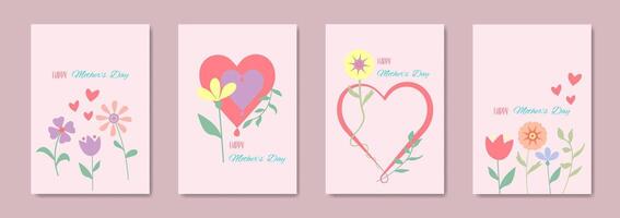 Set card of Happy Mothers Day, Modern flat design with flowers and hearts in pastel colors style. illustration on pink background, copy space for text vector