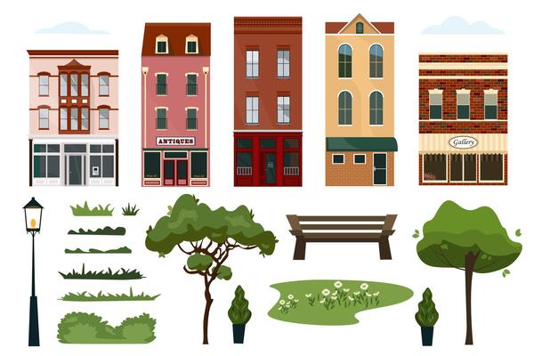 Detailed collection of colorful houses. Home sweet home set. A set of elements for a city street. houses, signboards, shop, lantern, trees, plants. illustration in flat style