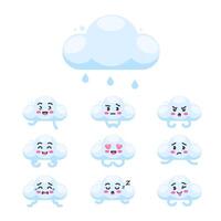 Cloud character poses and emotions set, weather, ecology and cloud technology mascot in cartoon kawaii style vector