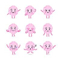 Brain character set poses and emotions, mascot of psychology, learning and neurotechnology in cartoon kawaii style vector