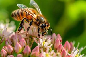 Honeybee Foraging Close-Up View of a Bee on Pink Flowers, Collecting Nectar and Pollen, in a Vibrant Garden Setting during Sunny Daytime photo