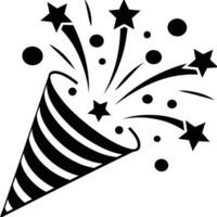 Black and white party popper with stars and confetti graphic vector
