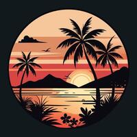 Tropical sunset silhouette with palm trees and ocean view vector