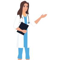 Smiling female doctor holding clipboard and presenting information with hand gesture vector