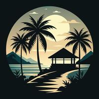 Tropical beach scene with palm trees and pavilion vector