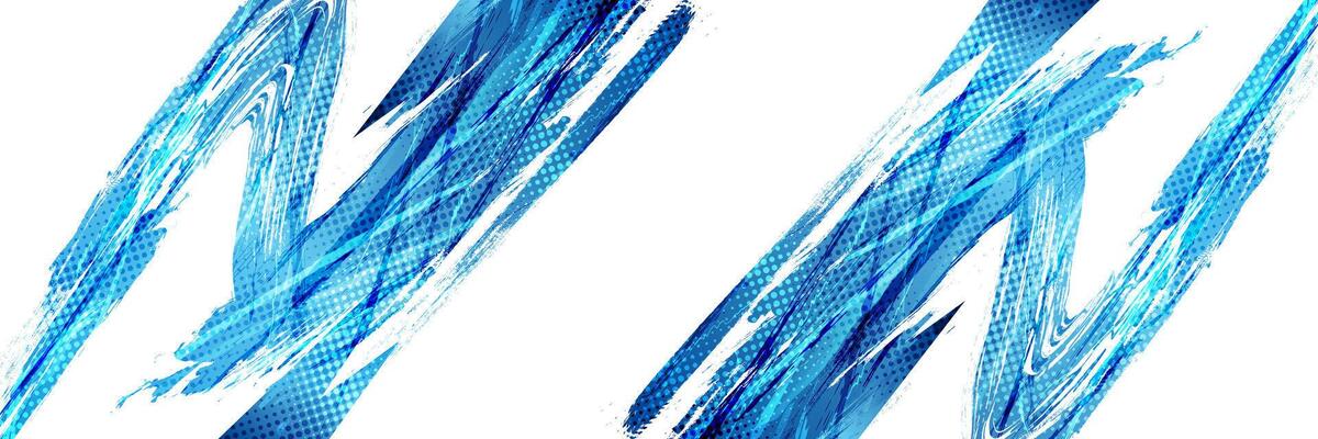 Grunge Sports Banner with Blue and White Brush Strokes on Black Background in Halftone Style