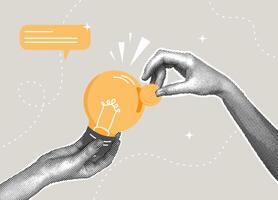 Trendy halftone collage. Investing in ideas. A piggy bank in the shape of a light bulb with a coin. Concept of growing money, saving, investing, increasing returns. illustration vector