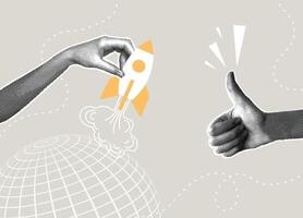 Trendy halftone collage.Launching a startup and endorsement of a successful project. Concept of idea, launching a new business project, increasing profits, capital growth. illustration vector