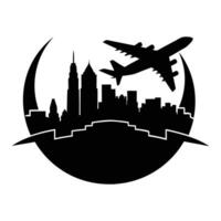 a silhouette of an airplane flying over a city skyline vector