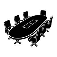 a black and white image of a conference table with chairs. vector