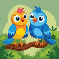 two cartoon birds sitting on a branch vector