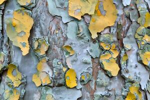 Abstract Tree Bark Texture Yellow and Gray Peeling Paint Reveals Natural Patterns in Detailed Close-up Photography, Showing Unique Botanical Art and Artistic Backgrounds. photo