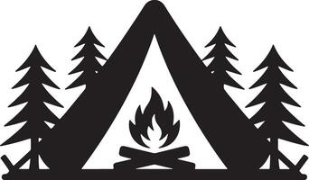 Camping Adventure Silhouette With Tent Bonfire And Pine Trees Graphic Design vector