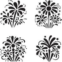 Decorative Fireworks Collection With Flowers And Stars Black And White Illustration vector