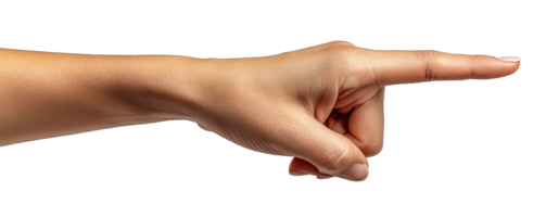 Hand pointing index finger side view, isolated on transparent background png
