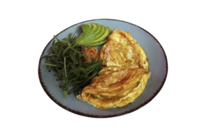 Fresh tasty omelette with arugula green salad, smoked salmon slices, avocado cut in pieces on trendy plated isolated image, selective focus close-up, cutout with clipping path morning meal object png
