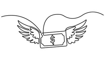 Continuous single one line drawing art of money paper flying with wings, Budget Spending, dollar with wings vector