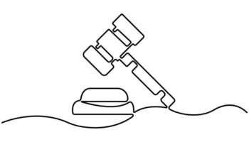 Continuous one line drawing of judge's gavel. One line drawing illustration of judge's hammer on the block vector