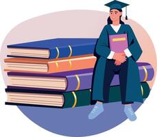 A flat style illustration showing a student sitting on graduation books vector