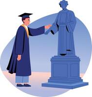 A graduated student standing near university statue, flat illustration vector