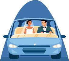 A flat style illustration of a newly married couple sitting in a car vector