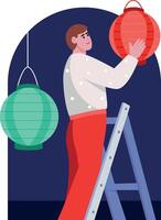 Flat illustration showing a character doing diwali decor vector